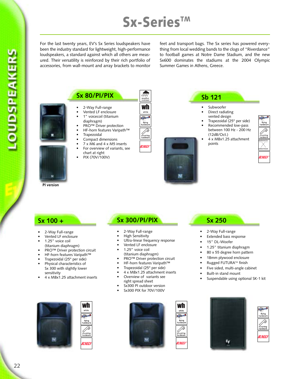 Sx-series, Sb 121, Sx 80/pi/pix | Sx 100, Sx 300/pi/pix, Sx 250 | Electro-Voice Microphone User Manual | Page 22 / 92