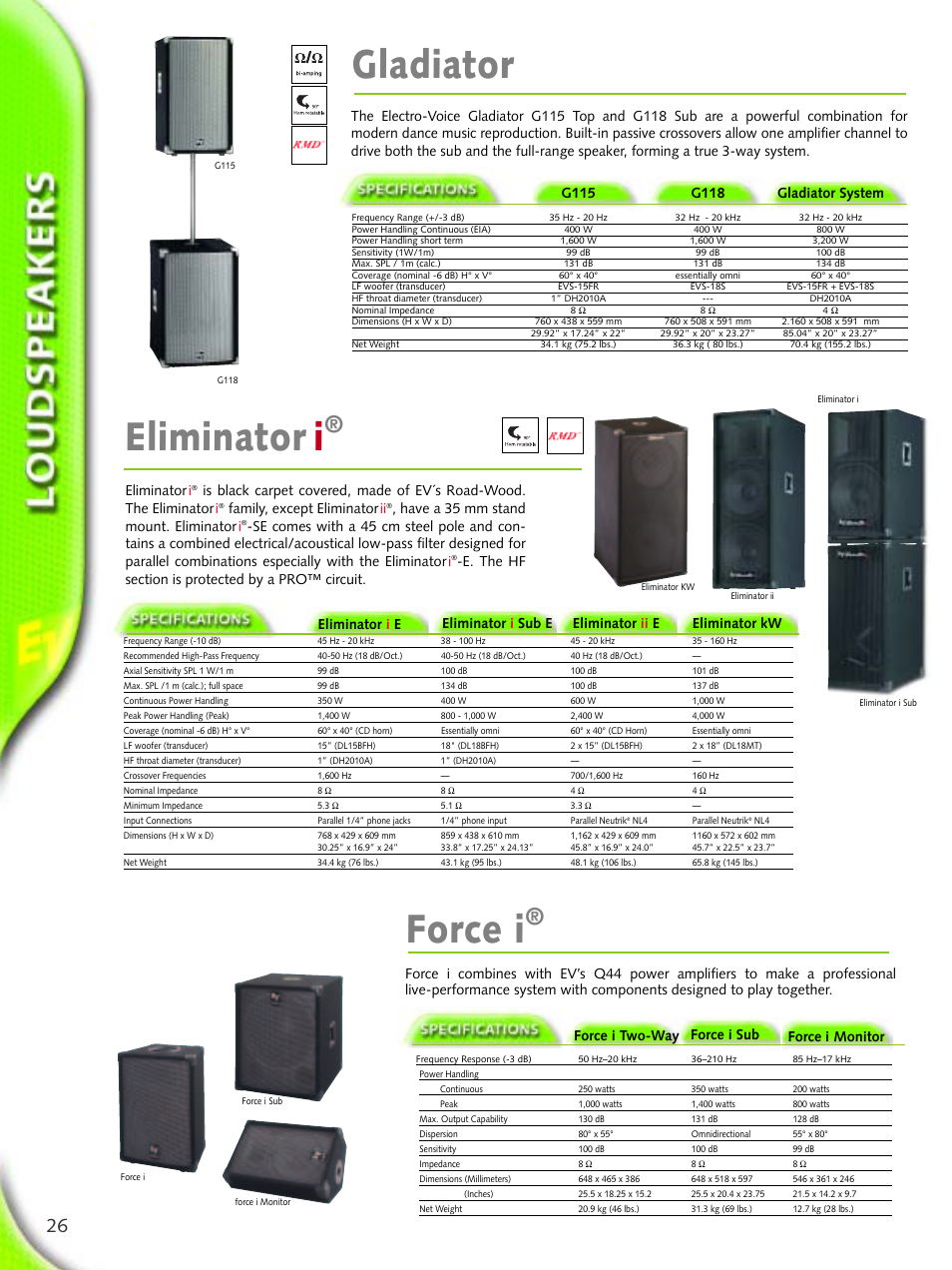 Gladiator eliminator i, Force i, Force i two-way force i sub force i monitor | Family, except eliminator ii, Have a 35 mm stand mount. eliminator i | Electro-Voice Microphone User Manual | Page 26 / 92