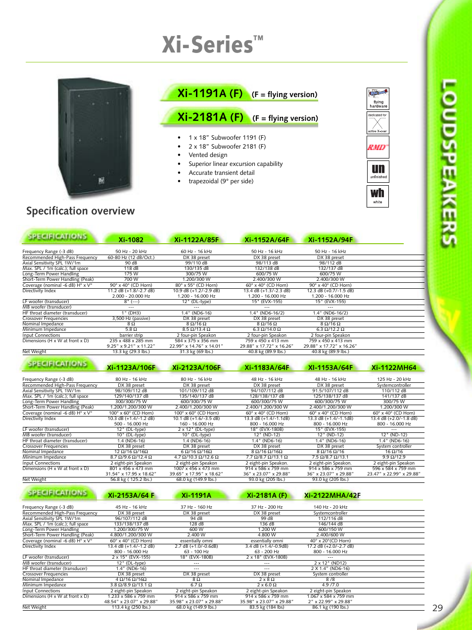 Xi-series, Xi-1191, Xi-2181a | A (f), Specification overview, F = flying version) | Electro-Voice Microphone User Manual | Page 29 / 92