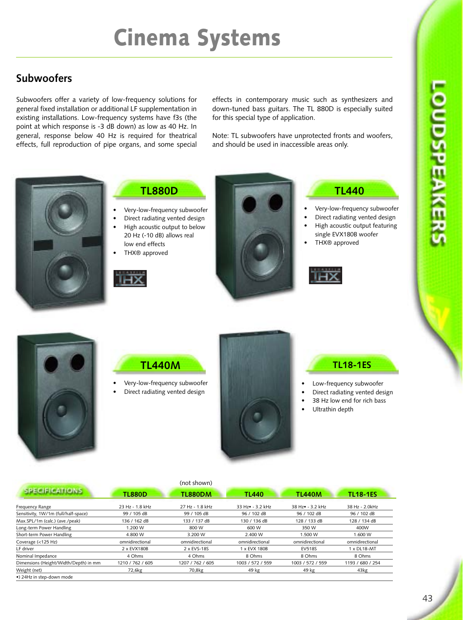 Cinema systems, Tl440, Tl880d | Tl440m, Subwoofers, Tl18-1es | Electro-Voice Microphone User Manual | Page 43 / 92