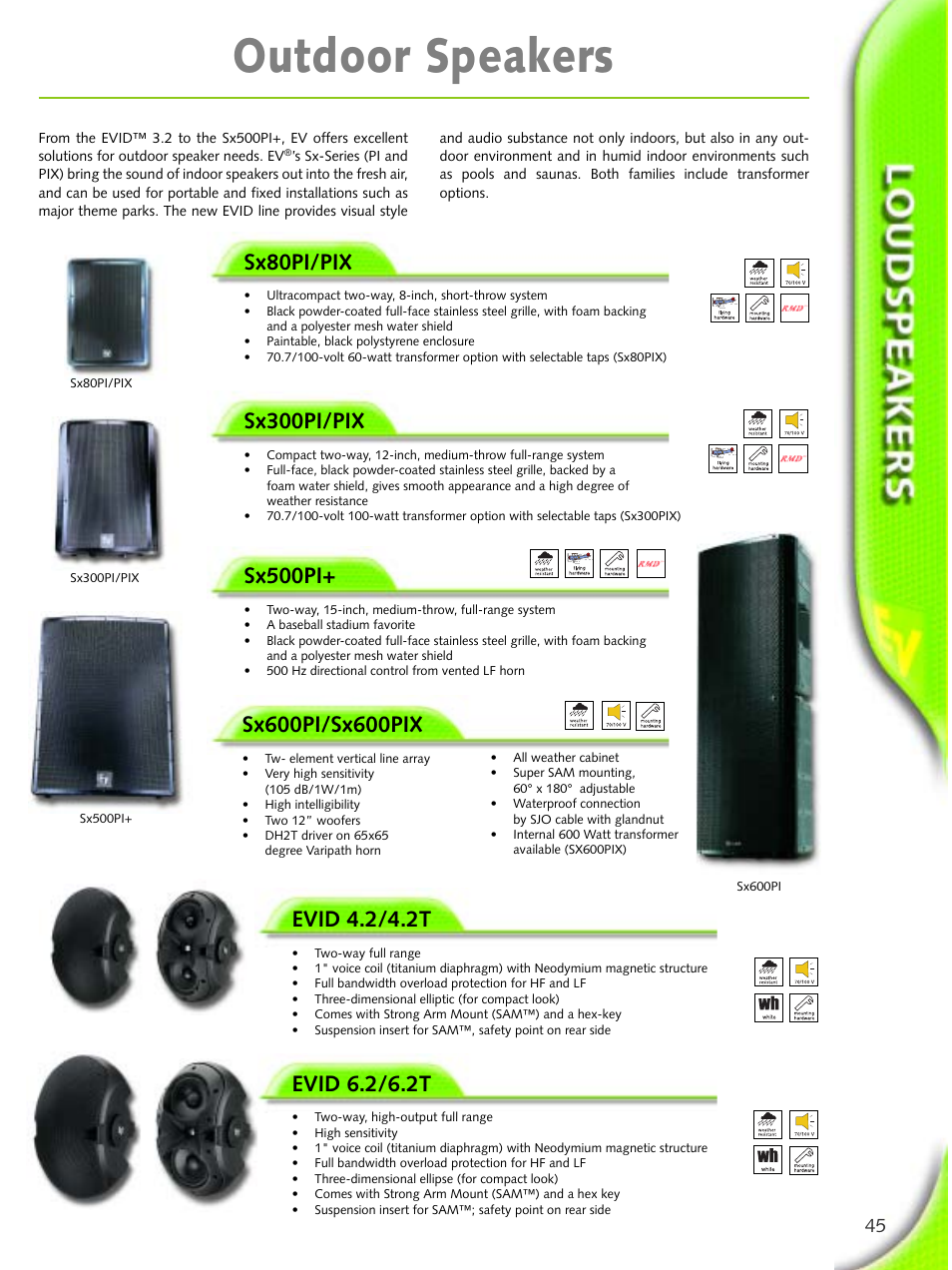 Outdoor speakers, Sx500pi, Sx80pi/pix | Sx300pi/pix, Evid 6.2/6.2t, Evid 4.2/4.2t | Electro-Voice Microphone User Manual | Page 45 / 92