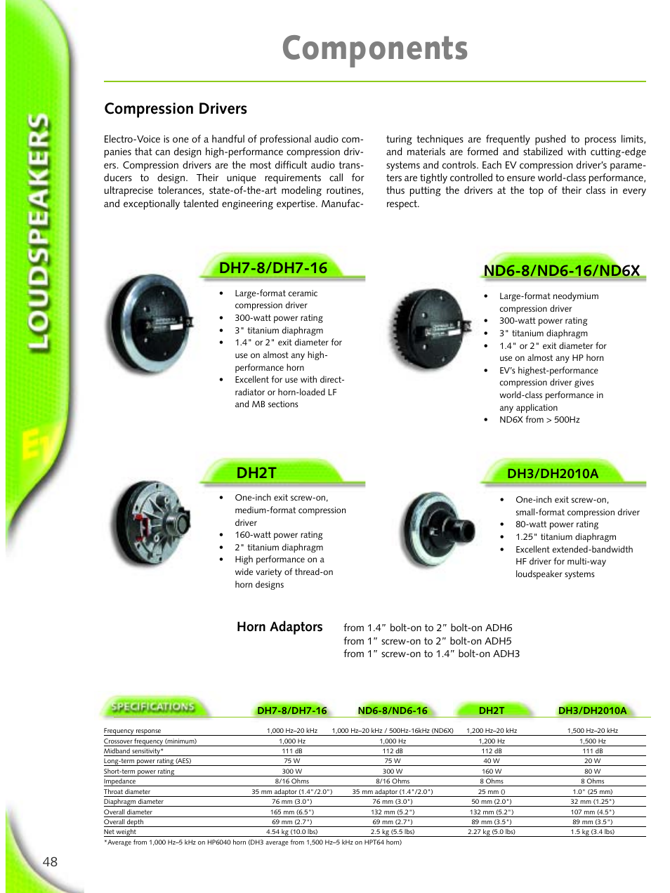 Components, Compression drivers, Dh2t | Horn adaptors | Electro-Voice Microphone User Manual | Page 48 / 92