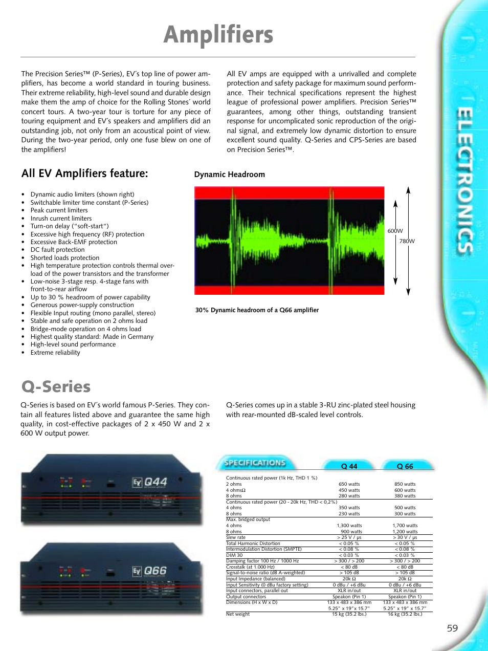 Amplifiers, Q-series, All ev amplifiers feature | Dynamic headroom | Electro-Voice Microphone User Manual | Page 59 / 92