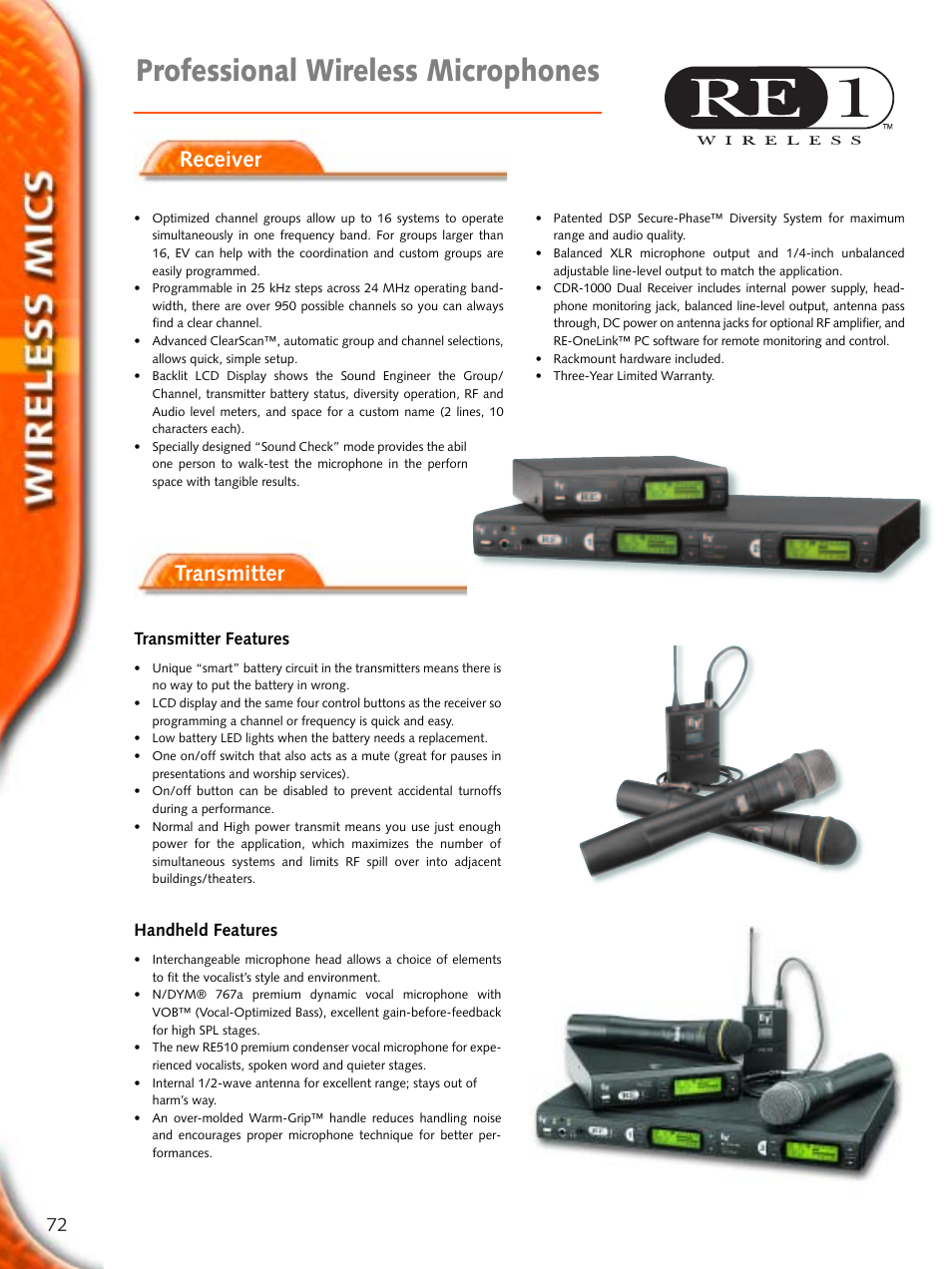Professional wireless microphones, Receiver transmitter, Transmitter features | Handheld features | Electro-Voice Microphone User Manual | Page 72 / 92