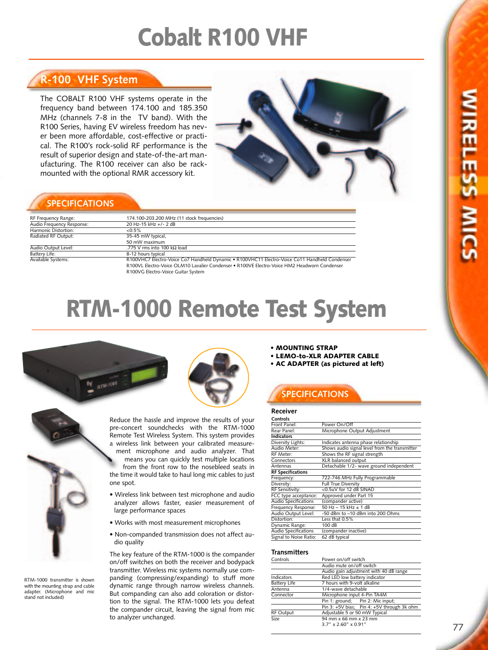 Cobalt r100 vhf, Rtm-1000 remote test system, R-100 vhf system | Specifications | Electro-Voice Microphone User Manual | Page 77 / 92