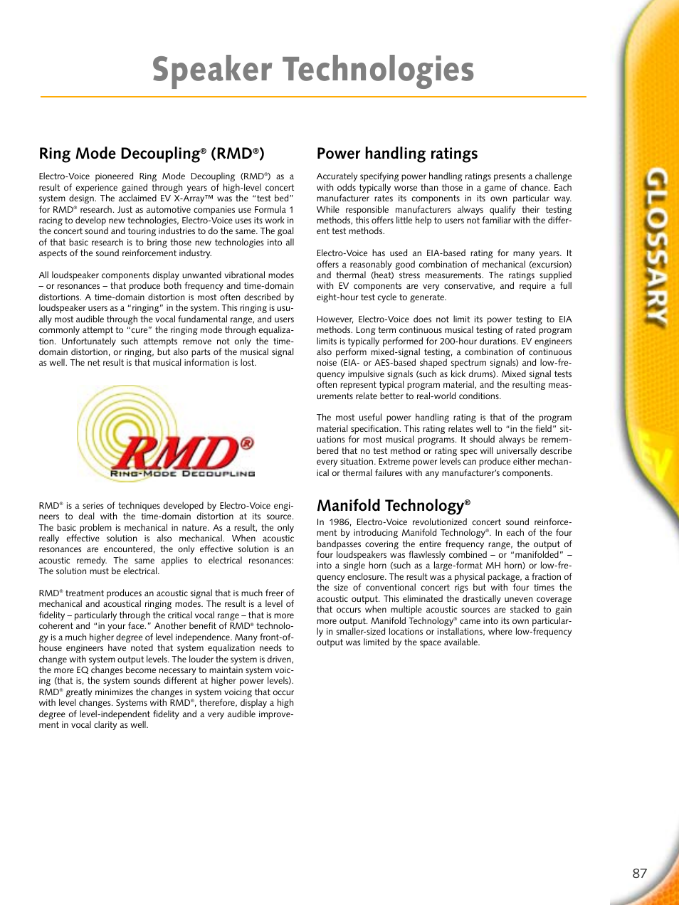 Speaker technologies, Ring mode decoupling, Power handling ratings | Manifold technology | Electro-Voice Microphone User Manual | Page 87 / 92