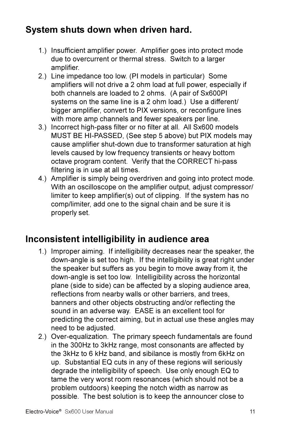 System shuts down when driven hard, Inconsistent intelligibility in audience area | Electro-Voice Sx600 User Manual | Page 13 / 16