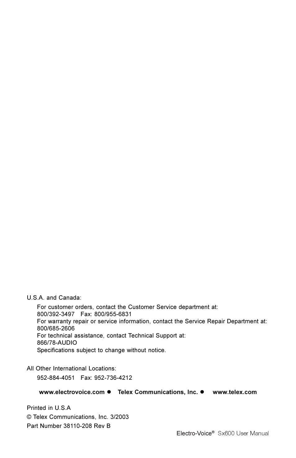 Electro-Voice Sx600 User Manual | Page 16 / 16