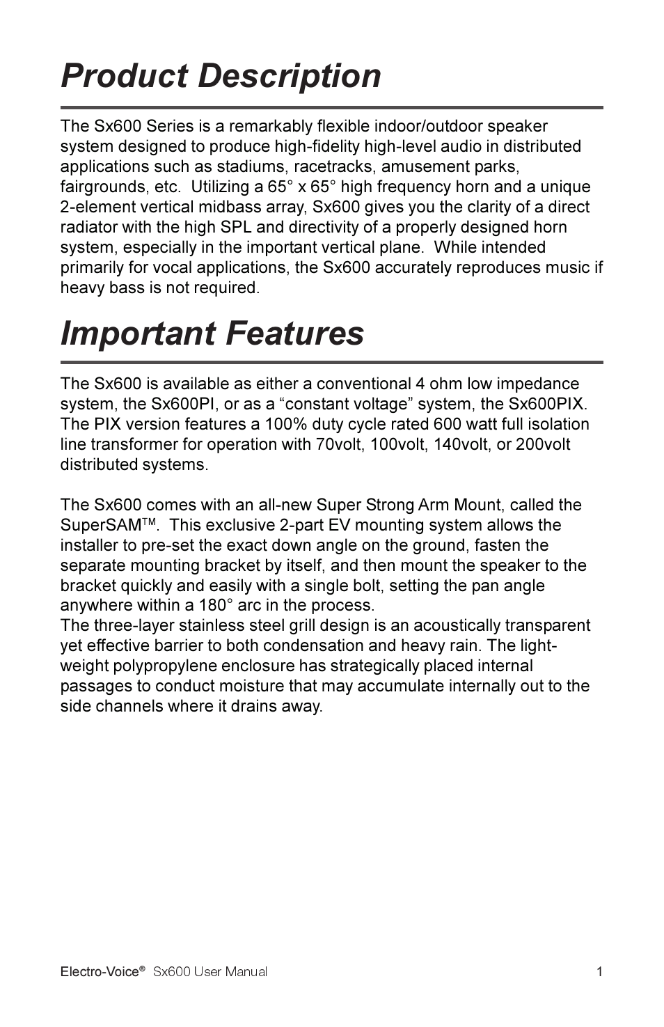 Product description, Important features | Electro-Voice Sx600 User Manual | Page 3 / 16