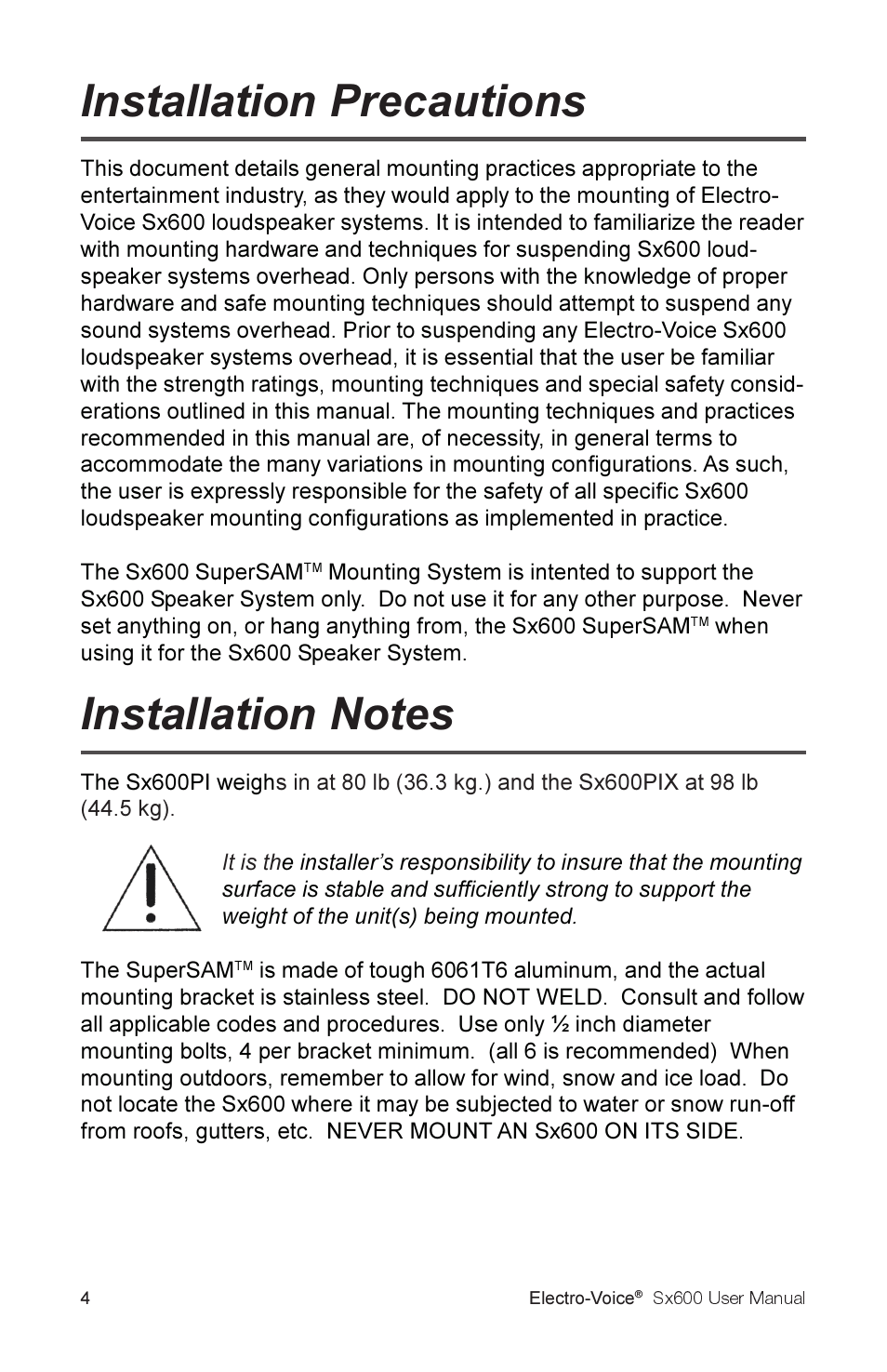 Installation precautions | Electro-Voice Sx600 User Manual | Page 6 / 16