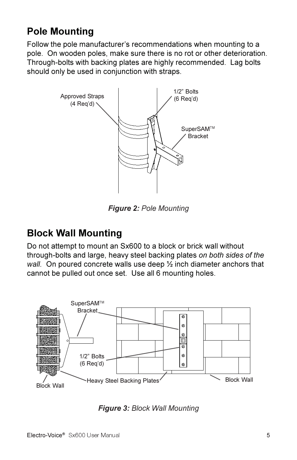 Block wall mounting, Pole mounting | Electro-Voice Sx600 User Manual | Page 7 / 16