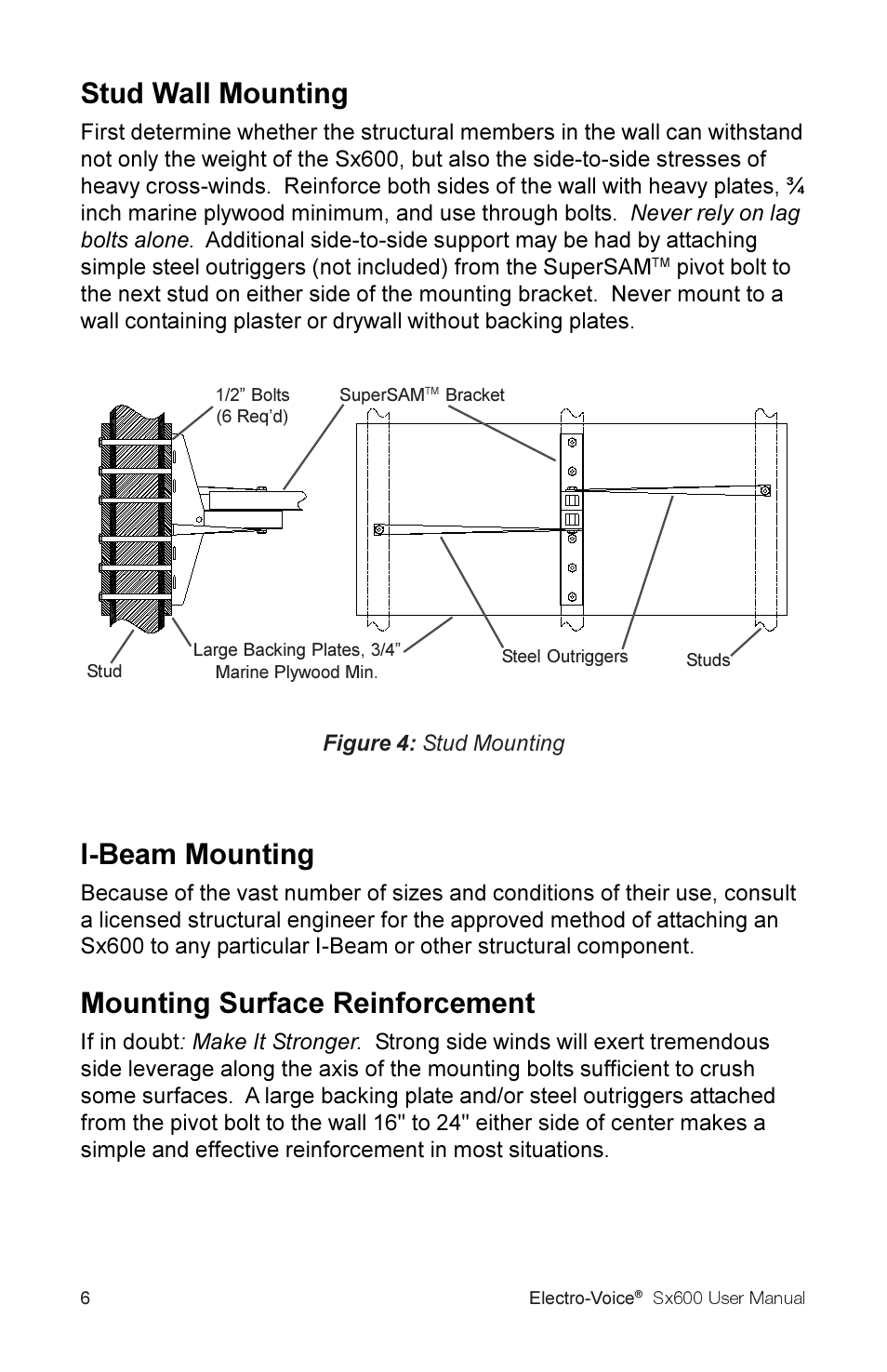 Stud wall mounting, I-beam mounting, Mounting surface reinforcement | Electro-Voice Sx600 User Manual | Page 8 / 16