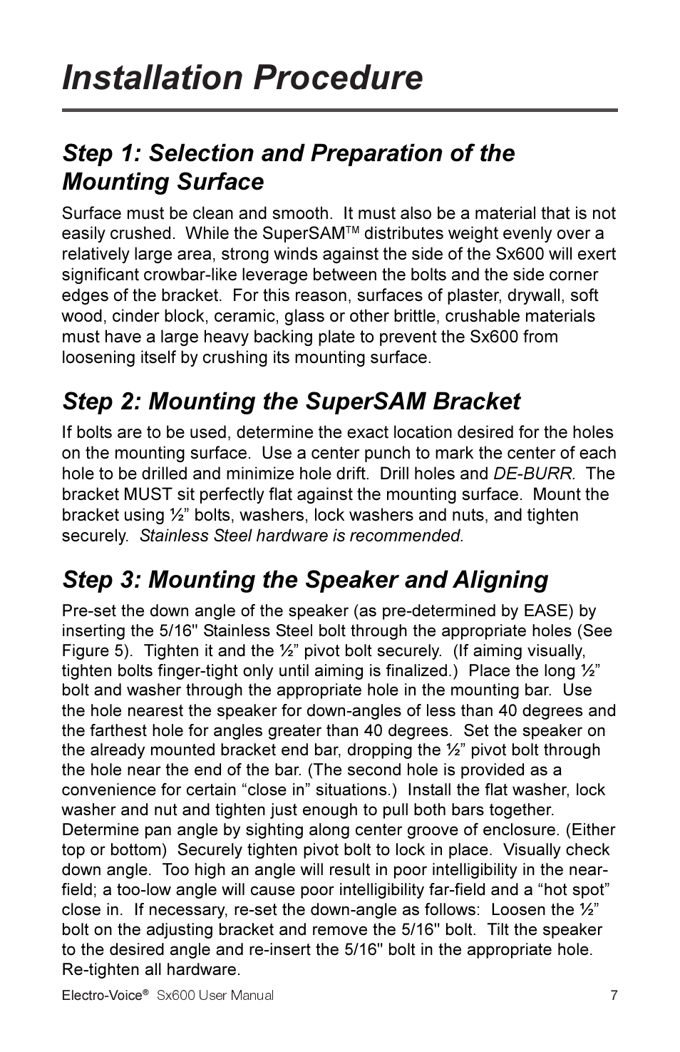 Installation procedure, Step 2: mounting the supersam bracket, Step 3: mounting the speaker and aligning | Electro-Voice Sx600 User Manual | Page 9 / 16