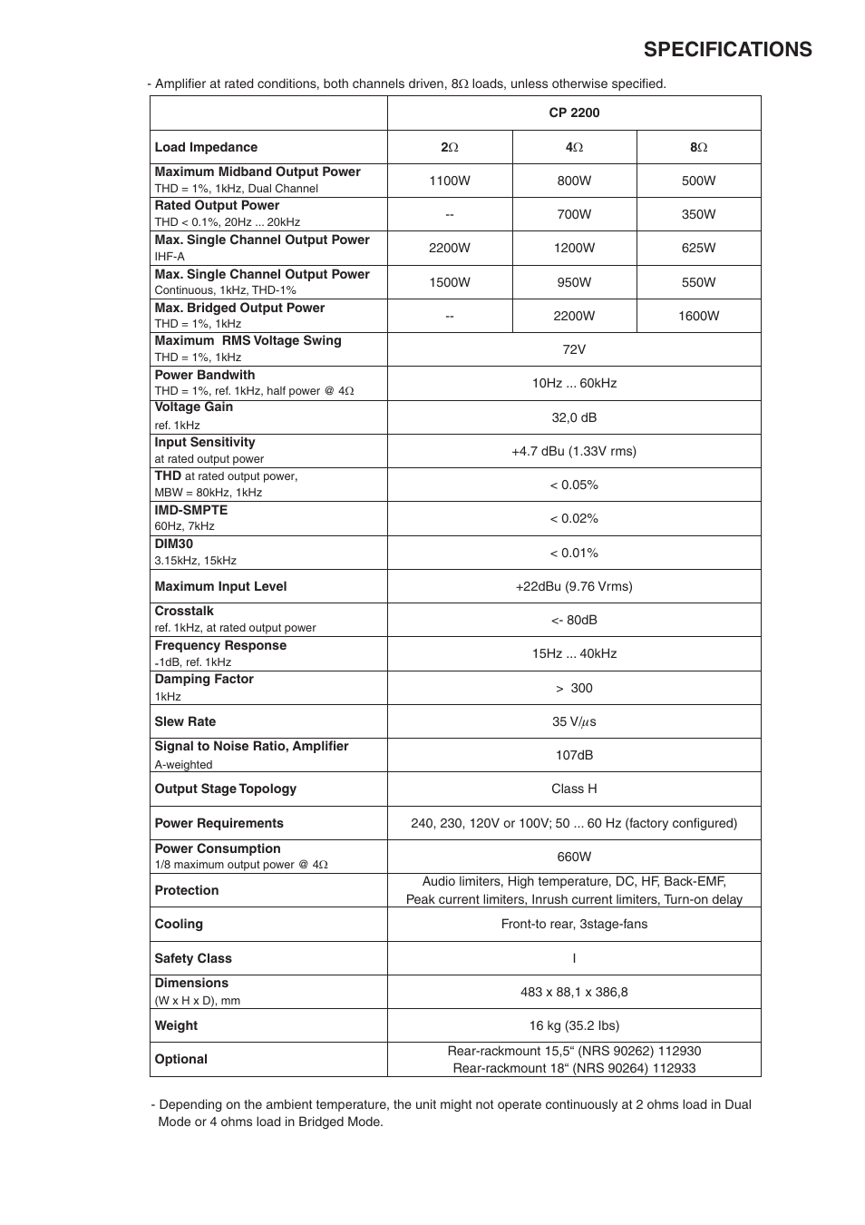 Specifications | Electro-Voice CP2200 User Manual | Page 3 / 4