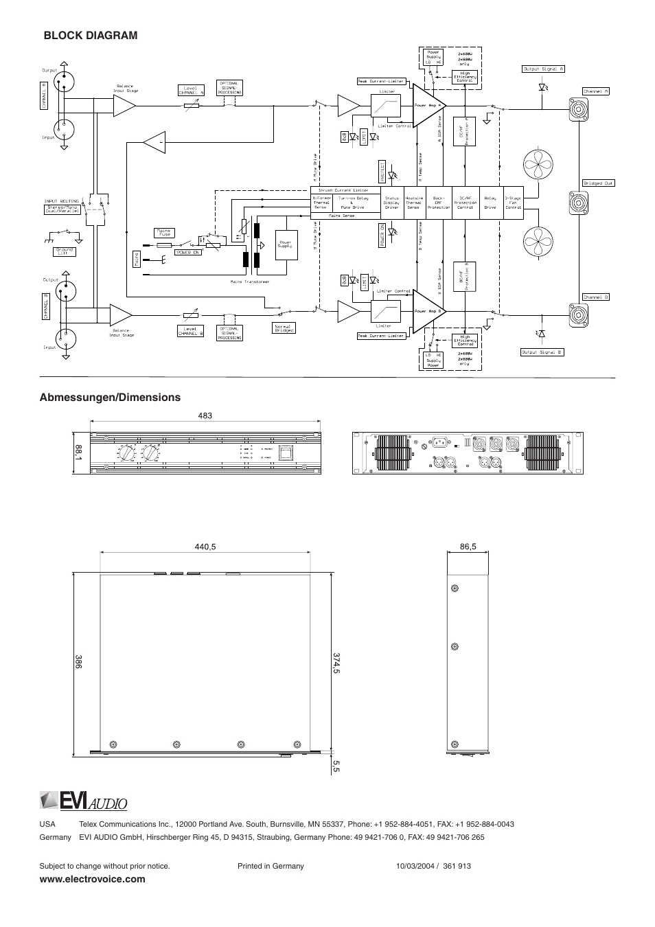 Abmessungen/dimensions block diagram | Electro-Voice CP2200 User Manual | Page 4 / 4