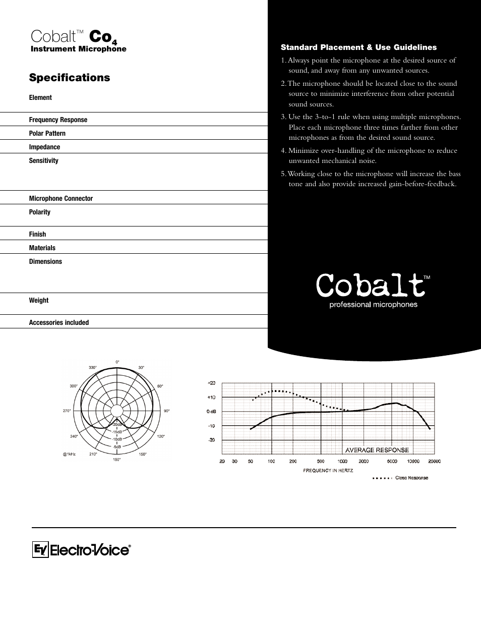 Cobalt, Specifications | Electro-Voice Co4 User Manual | Page 2 / 2