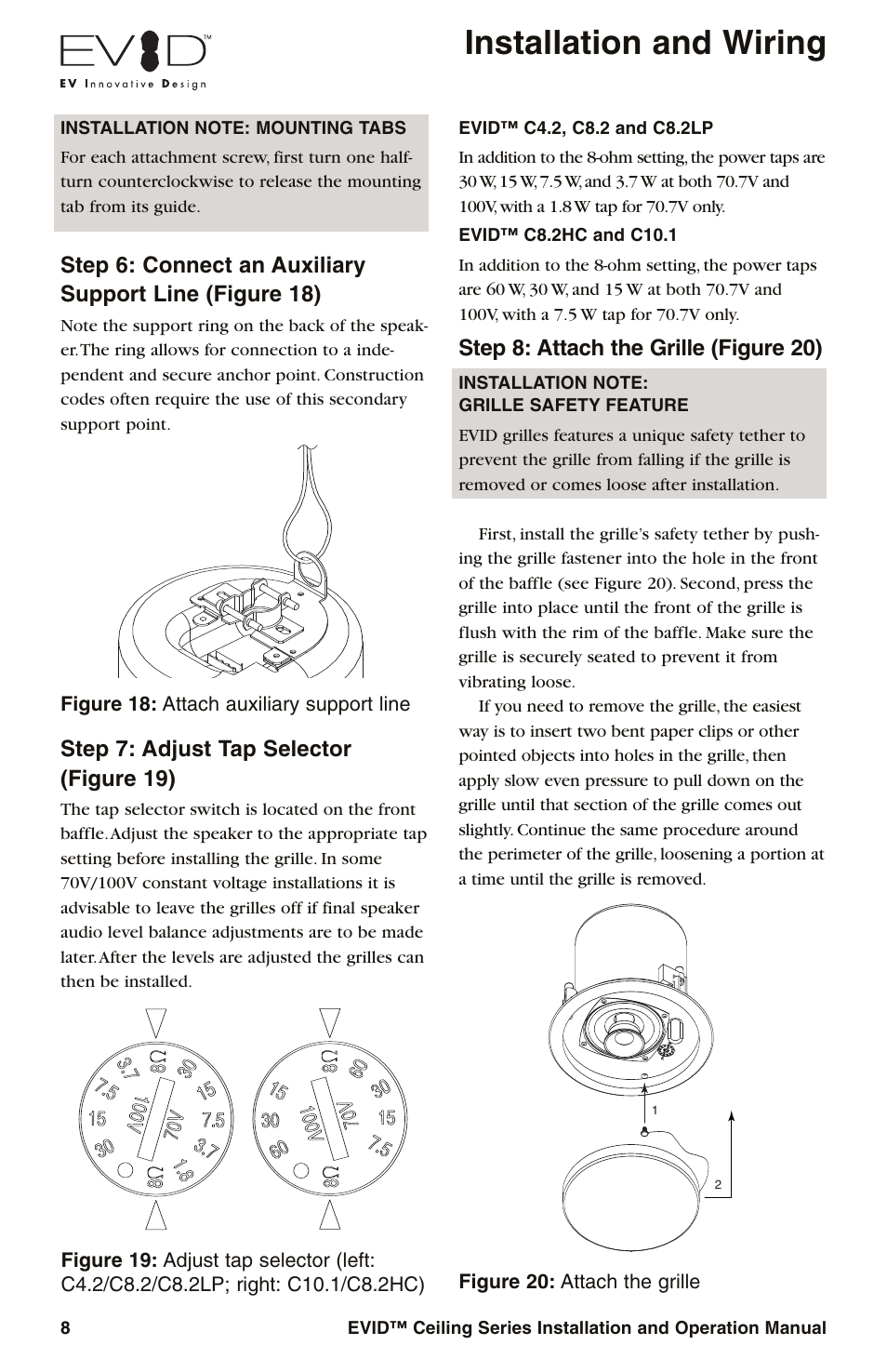 Installation and wiring, Step 7: adjust tap selector (figure 19), Step 8: attach the grille (figure 20) | Electro-Voice EVID User Manual | Page 10 / 20