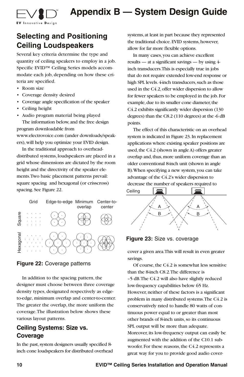 Appendix b — system design guide, Selecting and positioning ceiling loudspeakers, Ceiling systems: size vs. coverage | Electro-Voice EVID User Manual | Page 12 / 20