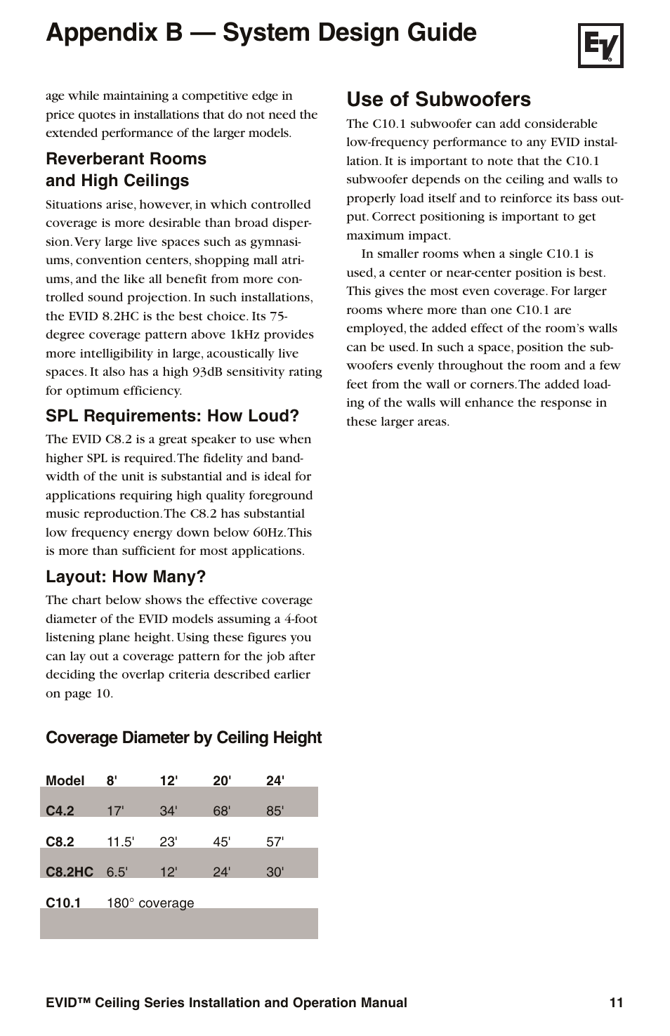 Appendix b — system design guide, Use of subwoofers, Reverberant rooms and high ceilings | Spl requirements: how loud, Layout: how many, Coverage diameter by ceiling height | Electro-Voice EVID User Manual | Page 13 / 20