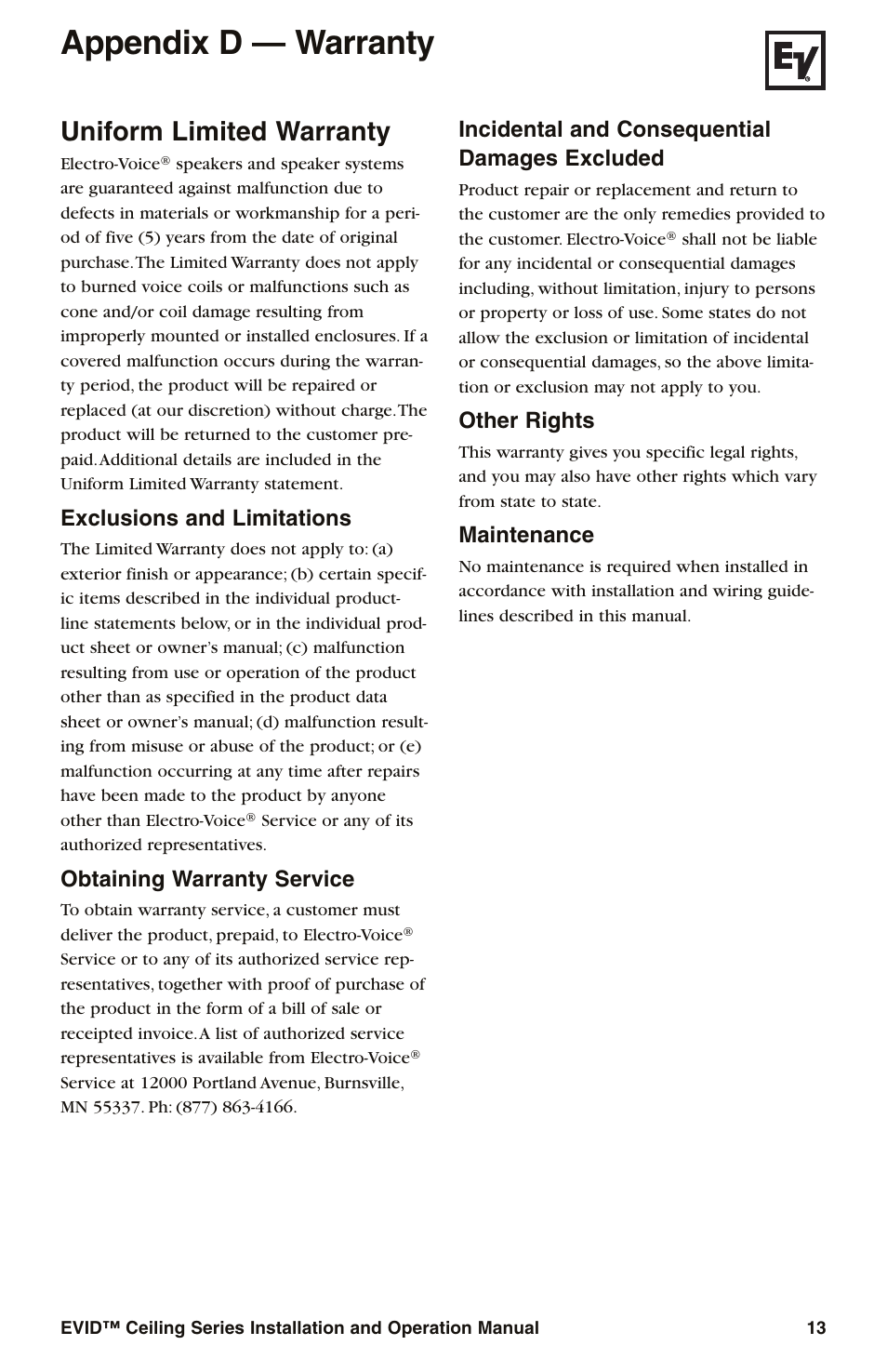 Appendix d — warranty, Uniform limited warranty, Exclusions and limitations | Obtaining warranty service, Incidental and consequential damages excluded, Other rights, Maintenance | Electro-Voice EVID User Manual | Page 15 / 20