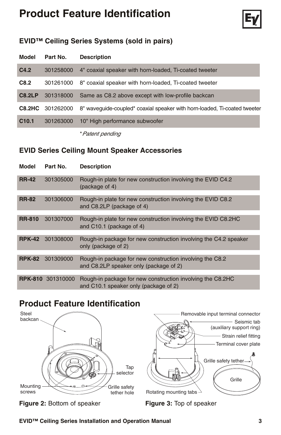 Product feature identification, Evid™ ceiling series systems (sold in pairs), Evid series ceiling mount speaker accessories | Electro-Voice EVID User Manual | Page 5 / 20