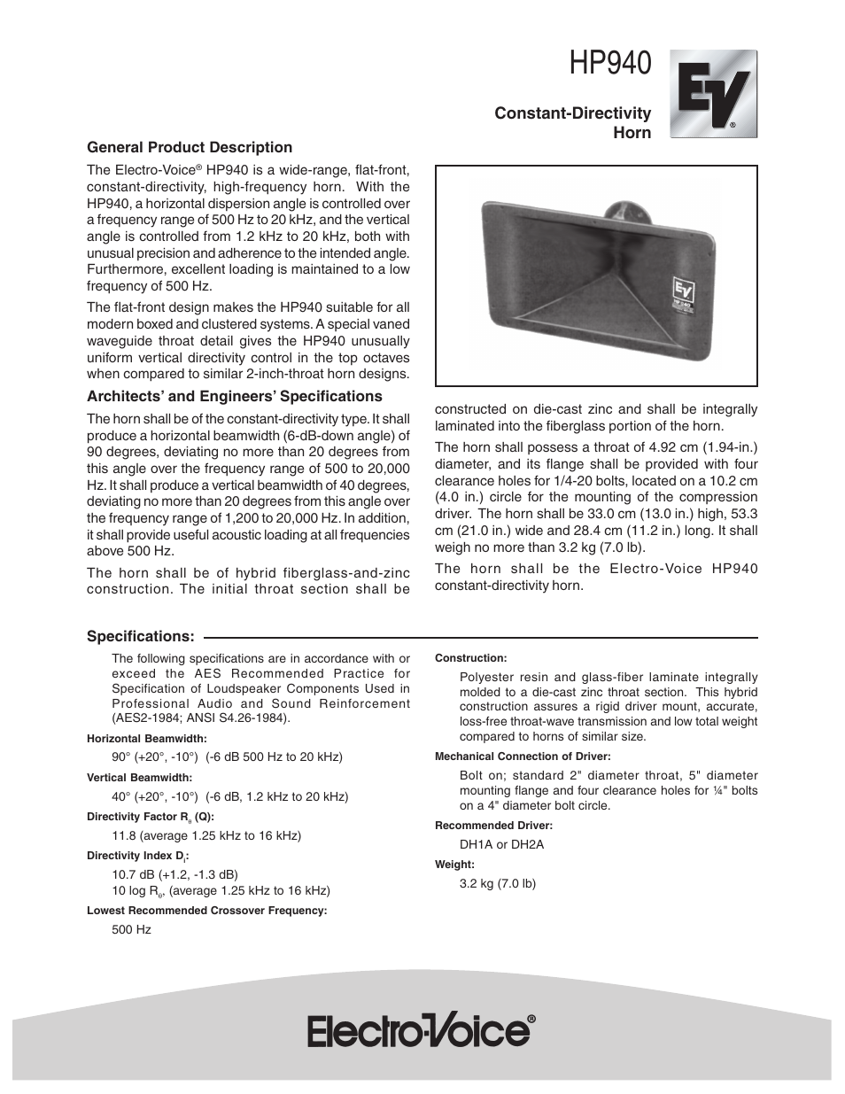 Electro-Voice Constant-Directivity Horn HP940 User Manual | 2 pages