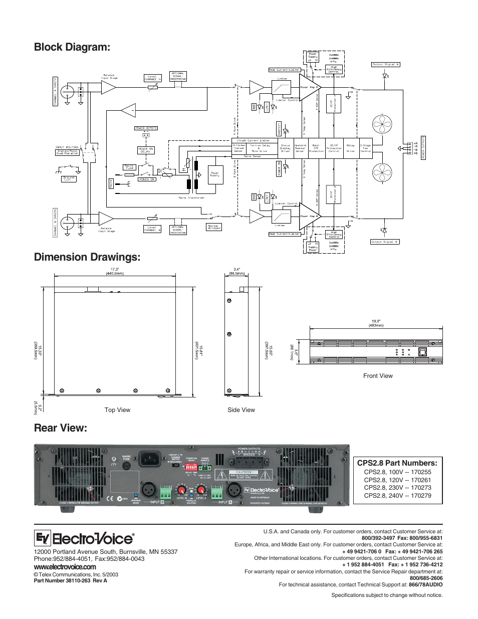 Dimension drawings: block diagram: rear view | Electro-Voice High-Efficient User Manual | Page 2 / 2