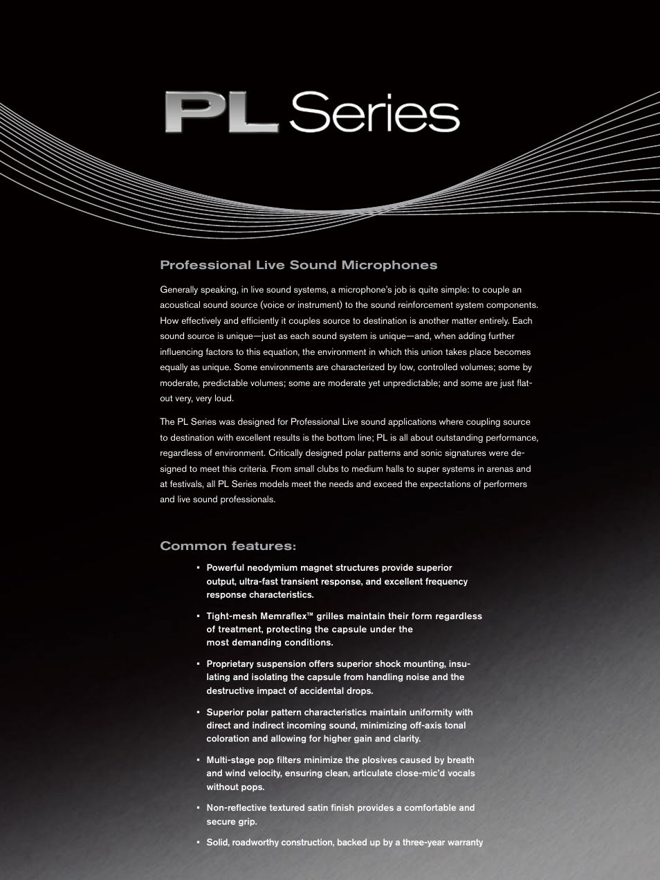 Professional live sound microphones, Common features | Electro-Voice PL Series User Manual | Page 2 / 16