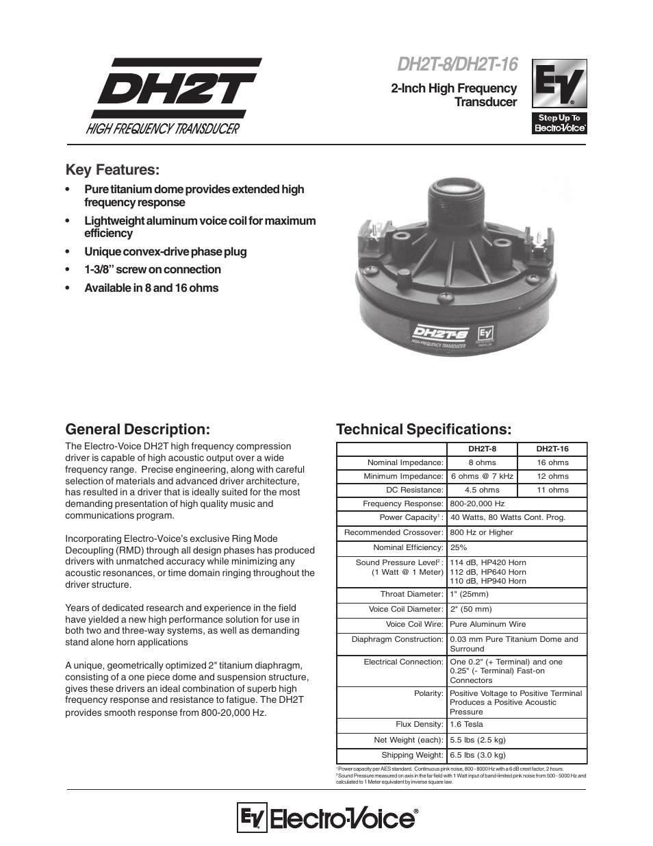 Electro-Voice High Frequency Transducer DH2T-8 User Manual | 2 pages