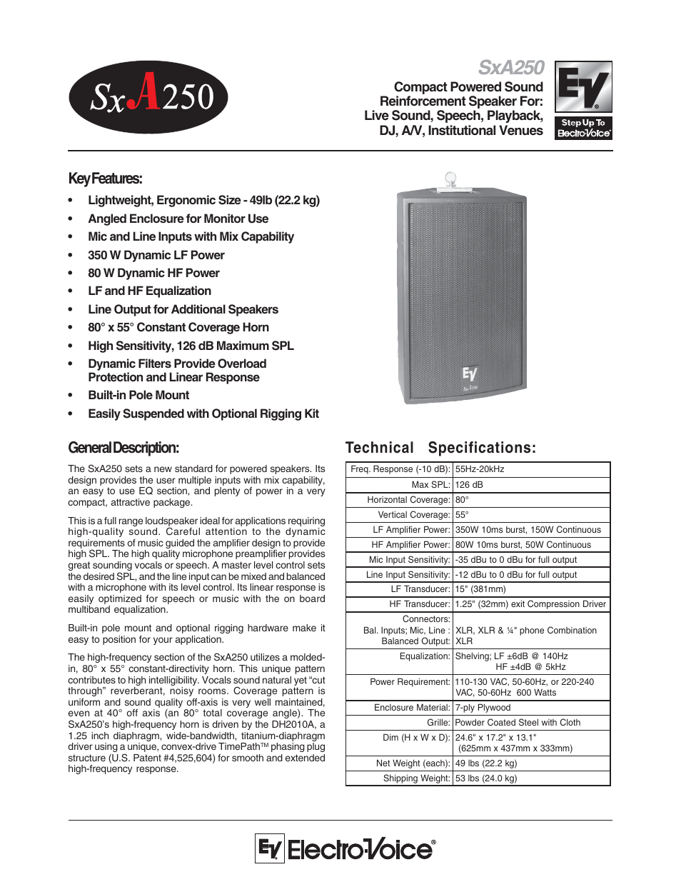 Electro-Voice Compact Powered Sound Reinforcement Speaker SxA250 User Manual | 2 pages