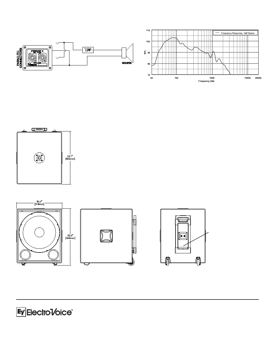 Block diagram, Frequency response, Dimension drawings | Electro-Voice Force i Sub User Manual | Page 2 / 2