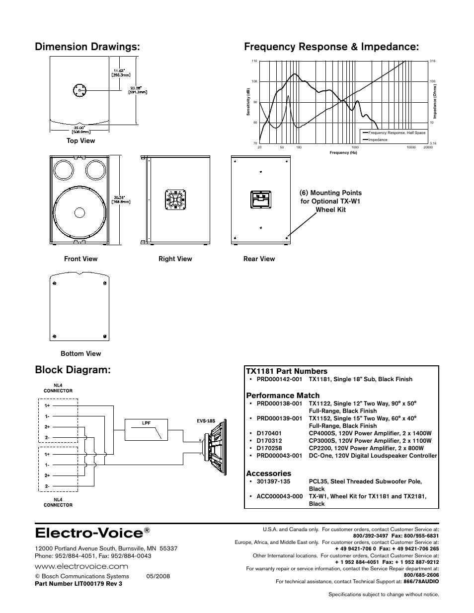 Electro-voice, Tx1181 part numbers, Performance match | Accessories | Electro-Voice TX1181 User Manual | Page 2 / 2