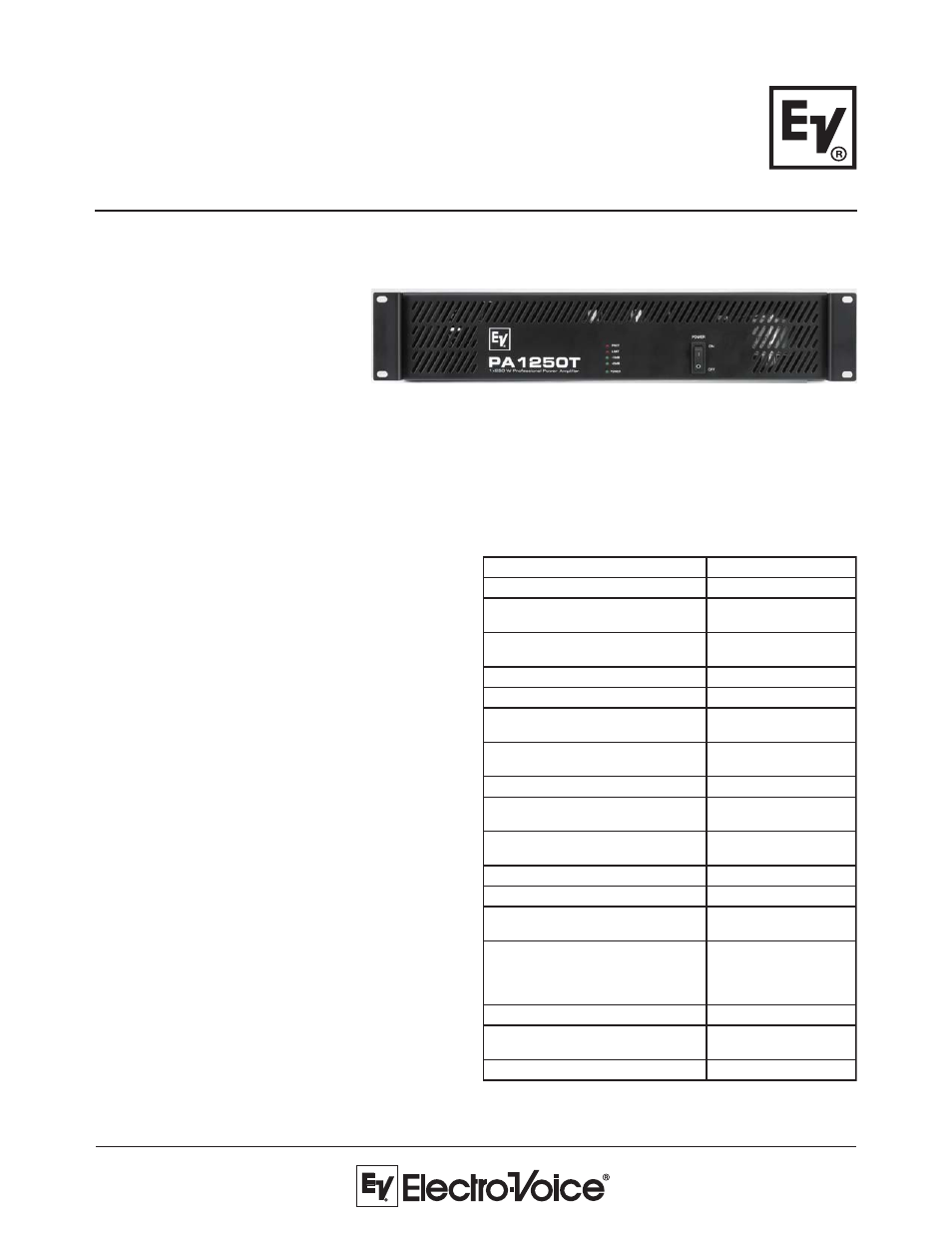 Electro-Voice Single-Channel Power Amplifiers PA1250T User Manual | 2 pages