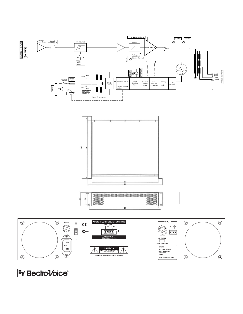Dimension drawings: block diagram: rear view | Electro-Voice Single-Channel Power Amplifiers PA1250T User Manual | Page 2 / 2