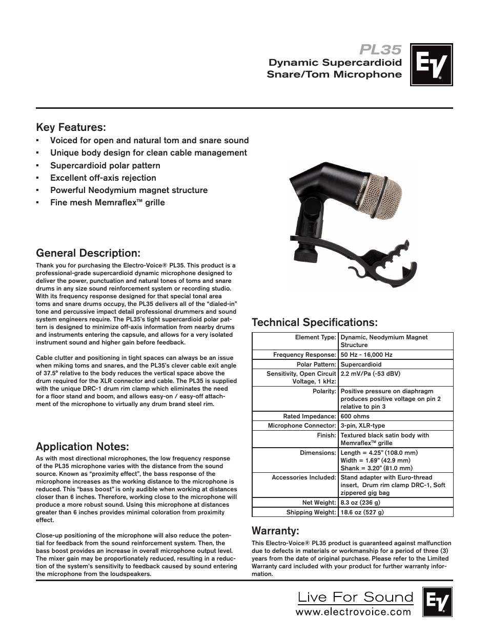 Electro-Voice PL35 User Manual | 2 pages