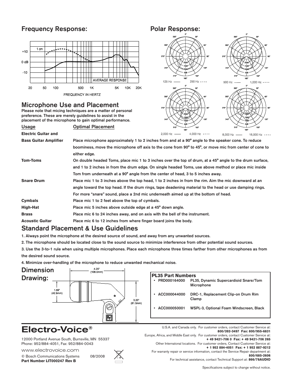 Electro-voice, Microphone use and placement | Electro-Voice PL35 User Manual | Page 2 / 2