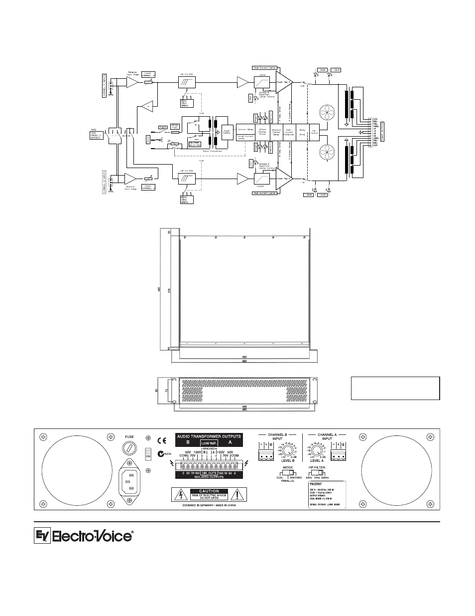 Block diagram: dimension drawings: rear view | Electro-Voice PA2250T User Manual | Page 2 / 2