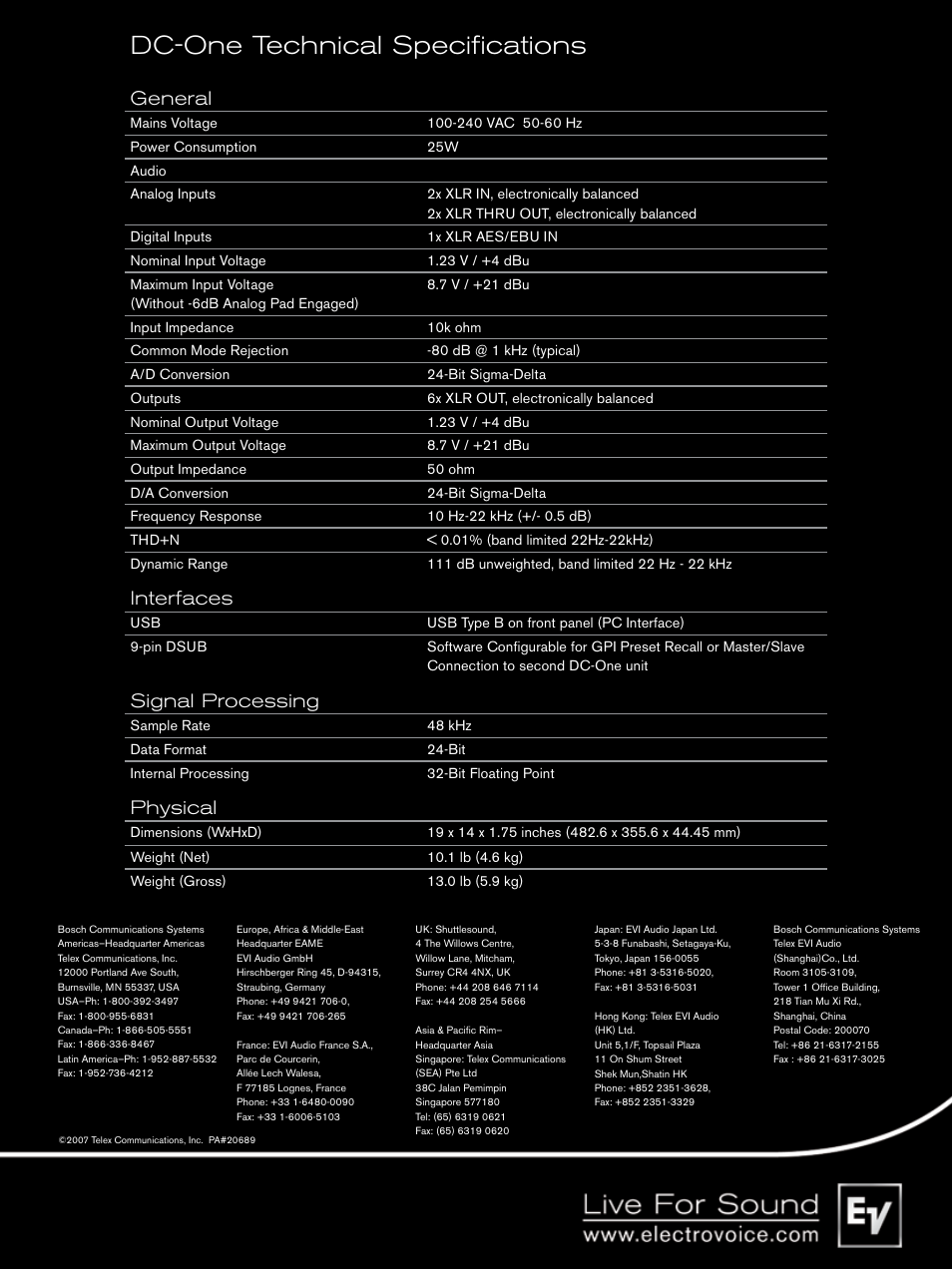 Dc-one technical specifications, General, Interfaces | Signal processing, Physical | Electro-Voice DC-One User Manual | Page 8 / 8