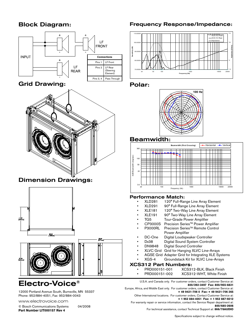 Electro-voice, Polar: beamwidth: grid drawing: dimension drawings, Block diagram | Frequency response/impedance, Performance match, Xcs312 part numbers | Electro-Voice XCS312 User Manual | Page 2 / 2