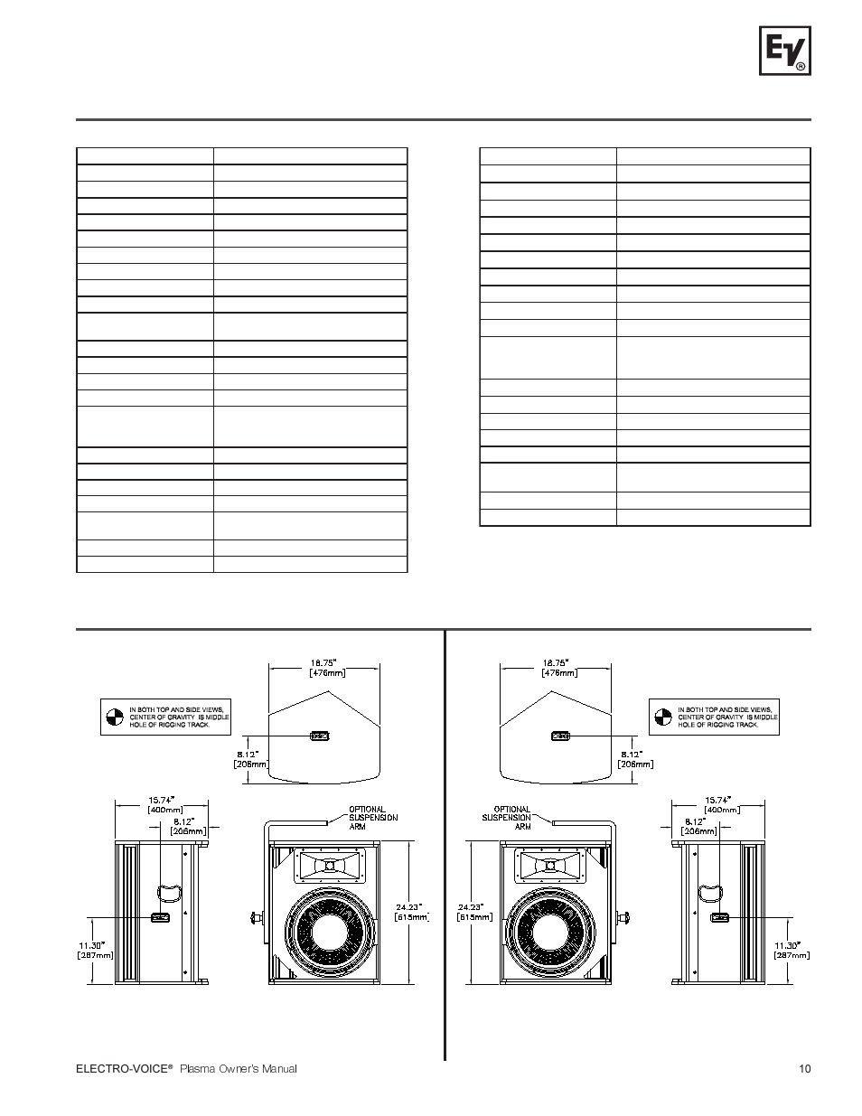 Specifications dimensions (plasma p1), Plasma p2 plasma p1 | Electro-Voice Plasma Series User Manual | Page 11 / 16