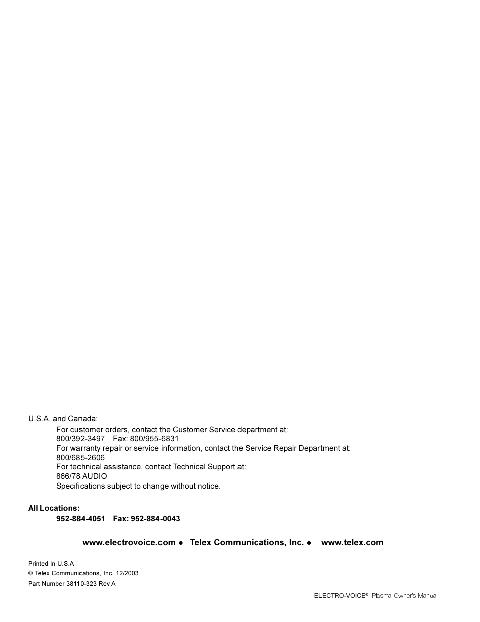 Electro-Voice Plasma Series User Manual | Page 16 / 16