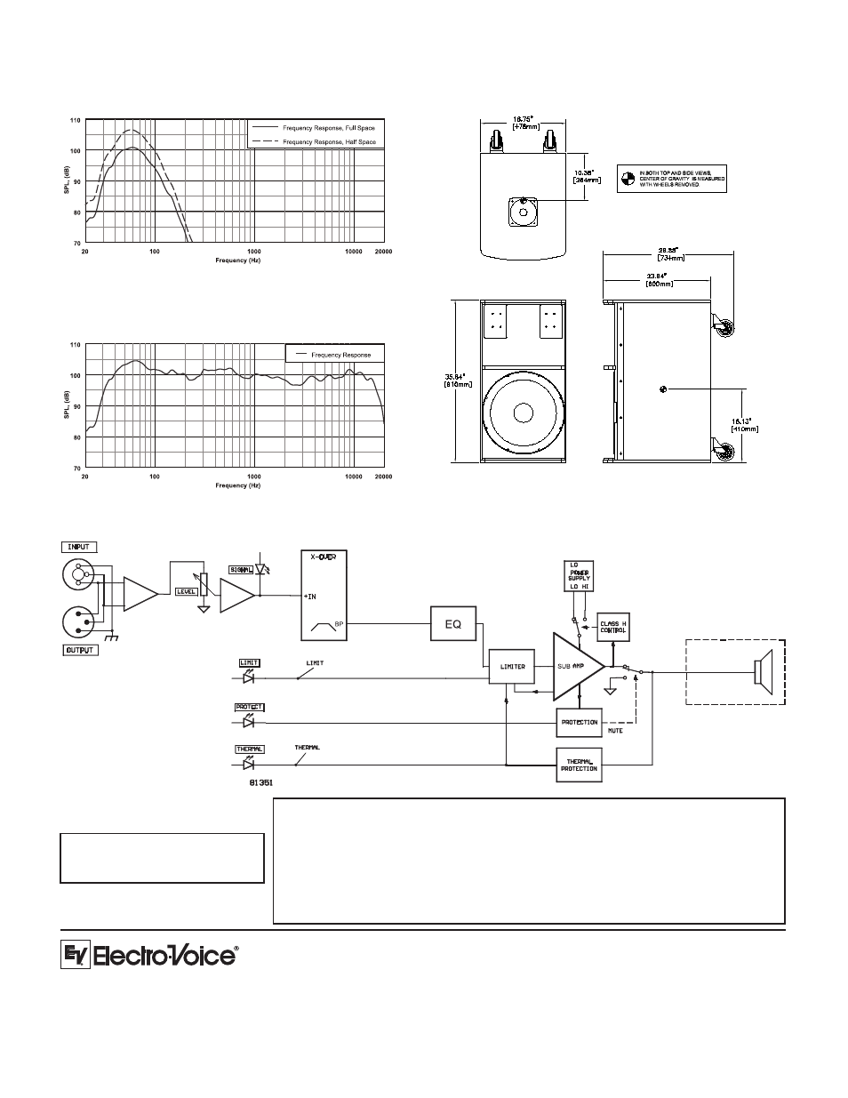 Frequency response, Dimension drawing, Block diagram | Frequency response, plasma p1 & p2 (combined) | Electro-Voice Powered Subwoofer Plasma P2 User Manual | Page 2 / 2