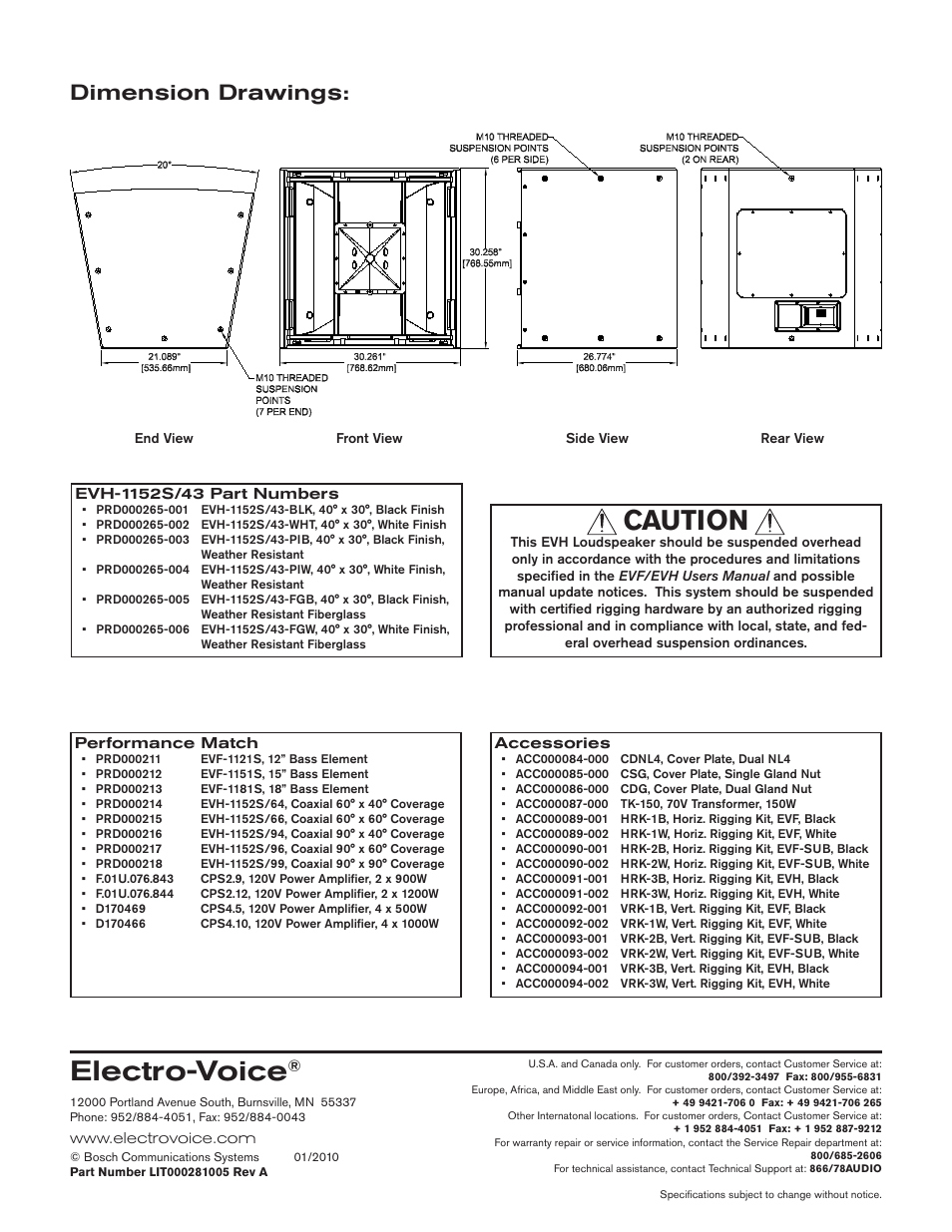Electro-voice, Caution, Dimension drawings | Electro-Voice EVH-1152S/43 User Manual | Page 4 / 4