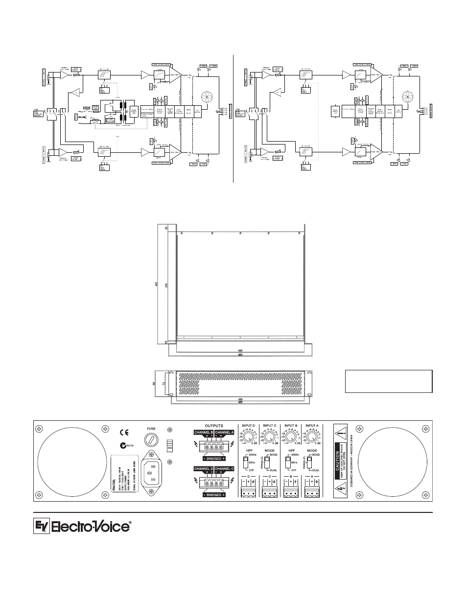 Block diagrams: dimension drawings: rear view | Electro-Voice Four-Channel Power Amplifier PA4150 User Manual | Page 2 / 2