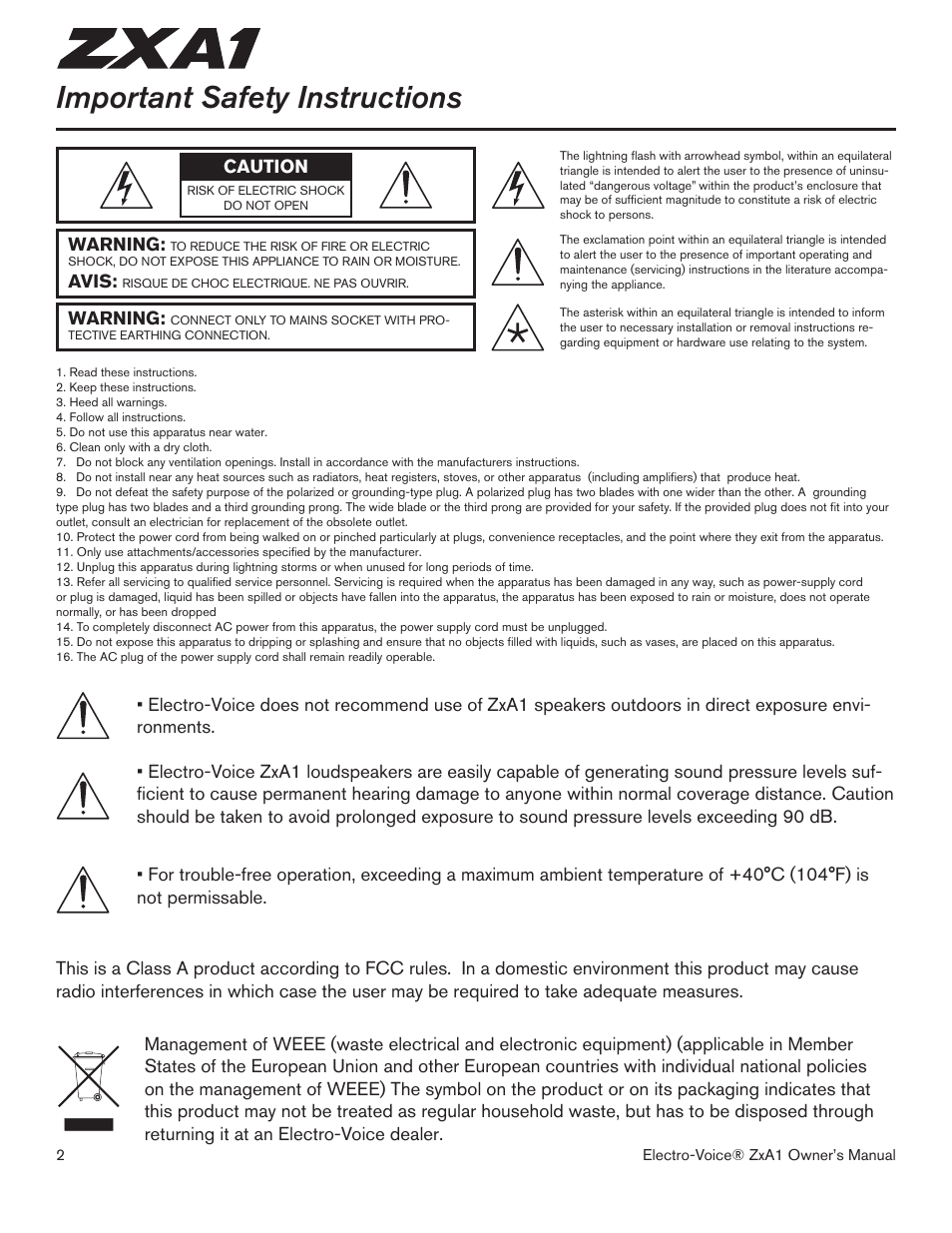 Important safety instructions | Electro-Voice ZXA1-100 User Manual | Page 2 / 12