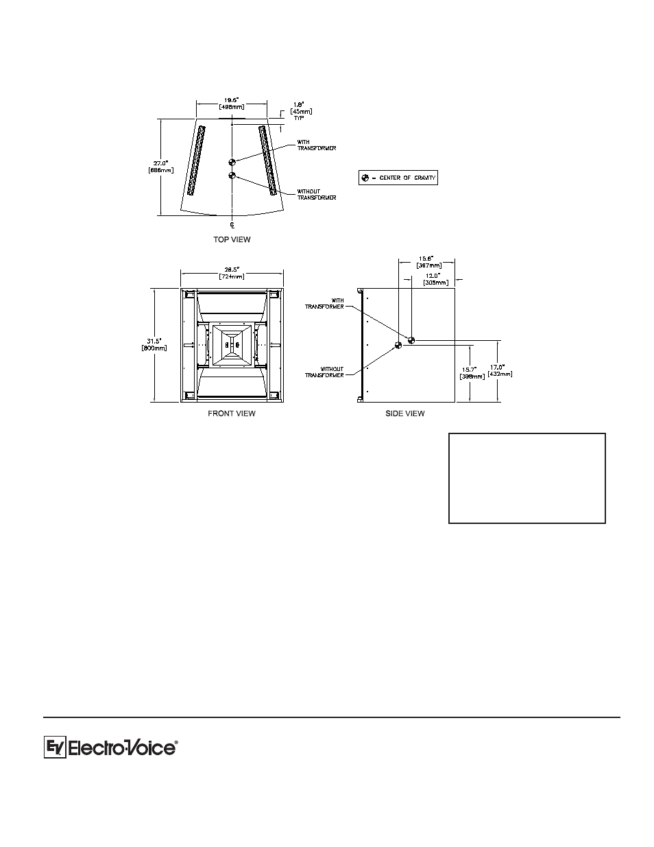 Architectural & engineering specs, Dimension drawings, Line transformer kit | Electro-Voice FRX+640PI User Manual | Page 4 / 4