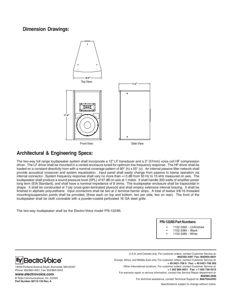 Architectural & engineering specs, Dimension drawings | Electro-Voice FRi-122/85 User Manual | Page 4 / 4