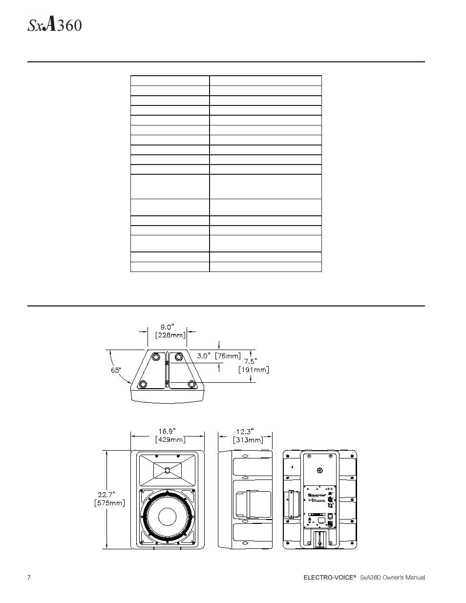 Specifications dimensions | Electro-Voice SxA360 User Manual | Page 8 / 12