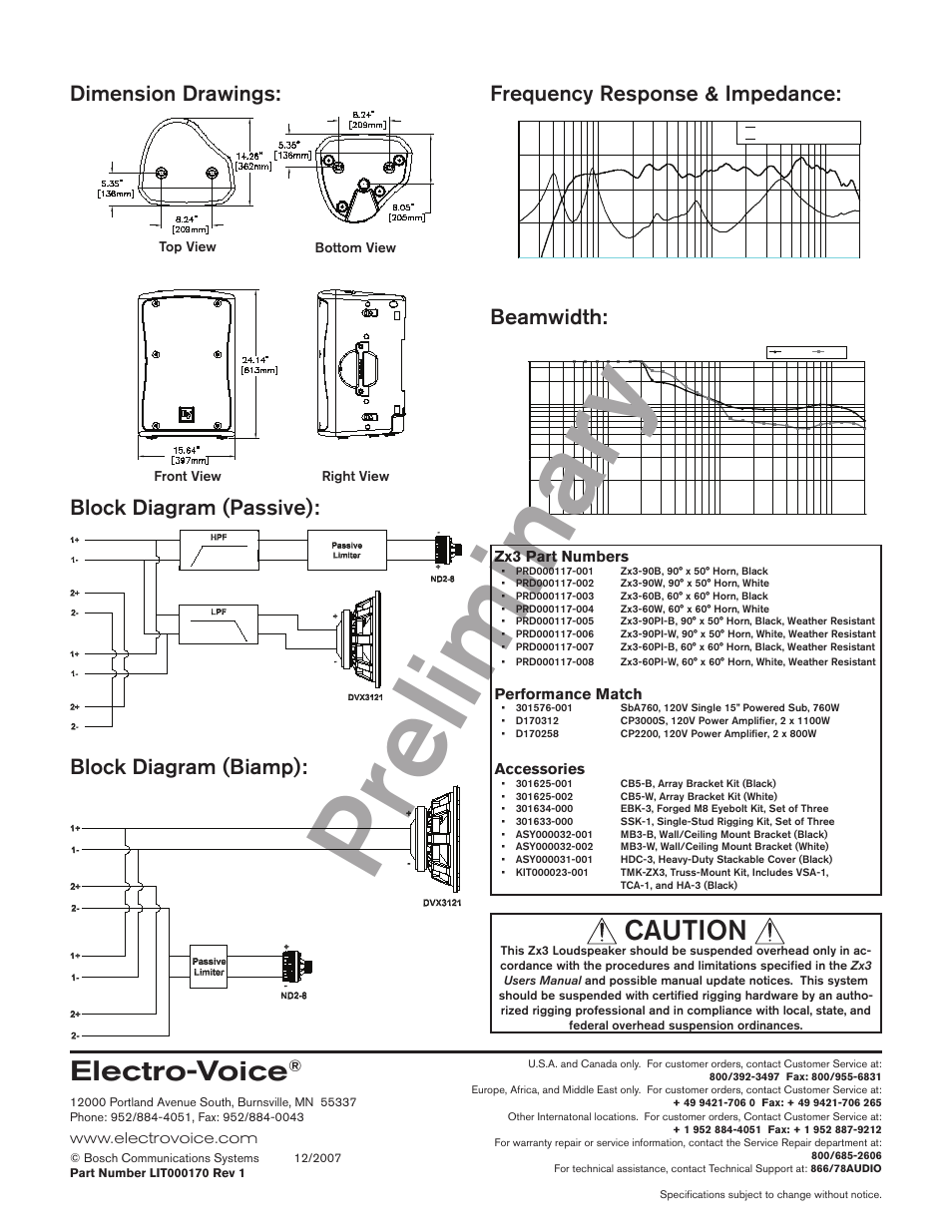 Preliminary, Electro-voice, Caution | Dimension drawings, Zx3 part numbers, Performance match, Accessories | Electro-Voice ZX3-90 User Manual | Page 2 / 2
