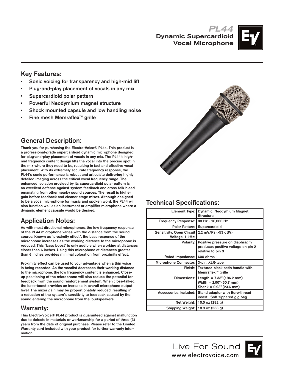 Electro-Voice PL44 User Manual | 2 pages